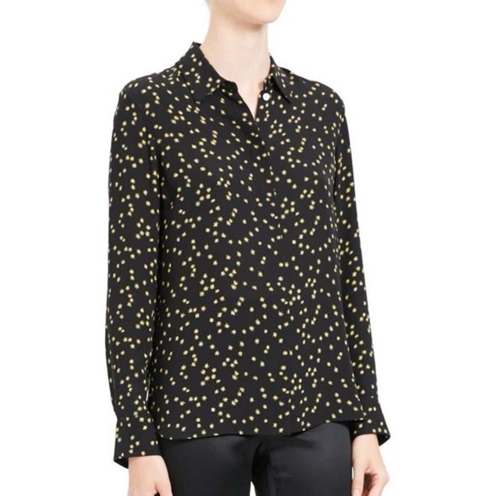 Theory Silk Button-Up Shirt Black Blouse With Gold Star Pattern Size Small